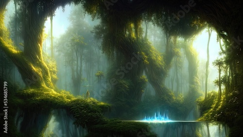 Fantasy landscape with unreal trees and mirror river. Sun rays  shadows  fog  reflection in the water. Unreal world. 3D illustration.