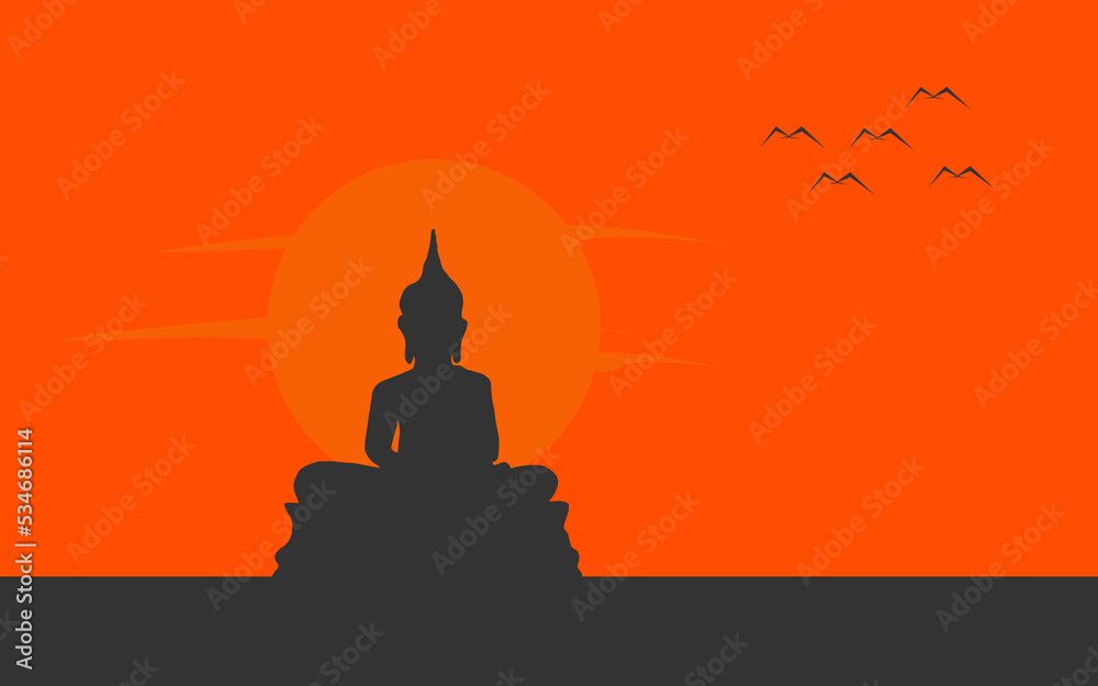 beautiful golden buddha sitting facing orange background