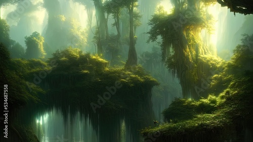 Fantasy landscape with unreal trees and mirror river. Sun rays  shadows  fog  reflection in the water. Unreal world. 3D illustration.