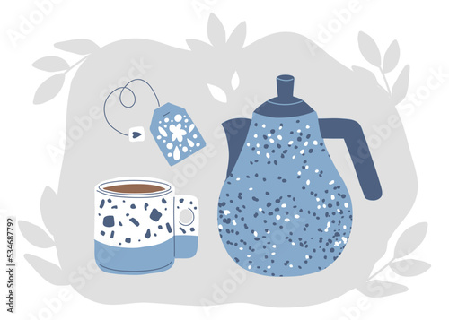 Tea set of breakfast dishes. A mug with coffee, tea and a kettle. Handmade marble tableware