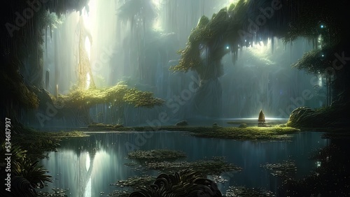 Fantasy landscape with unreal trees and mirror river. Sun rays  shadows  fog  reflection in the water. Unreal world. 3D illustration.