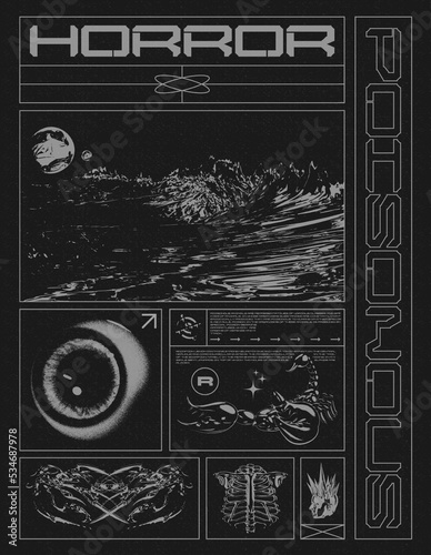 Retro futuristic space poster with mountains and planets. Abstract print with noise, for streetwear, print for t-shirts and sweatshirts on a black background photo