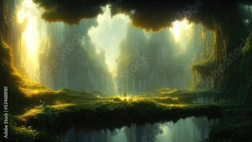 Fantasy landscape with unreal trees and mirror river. Sun rays, shadows, fog, reflection in the water. Unreal world. 3D illustration. © Terablete