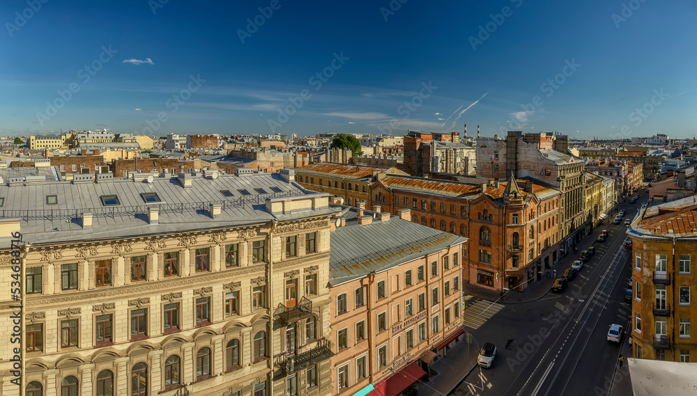 View of the city from the bell tower of the Cathedral of the Vladimir Icon of the Mother of God in St. Petersburg.
