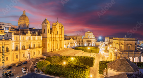 Landscape with medieval town of Noto at night, Sicily islands, Italy