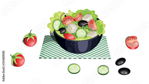 Greek salad in a bowl. Illustration isolated on white background