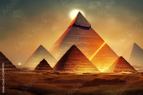 Desert with the great pyramids of ancient Egypt. Giza with pyramids. Fantasy desert landscape. Illuminated neon pyramids. 3D illustration.