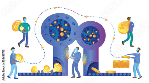 Five men working with a fantastic machine for producing money from creative ideas