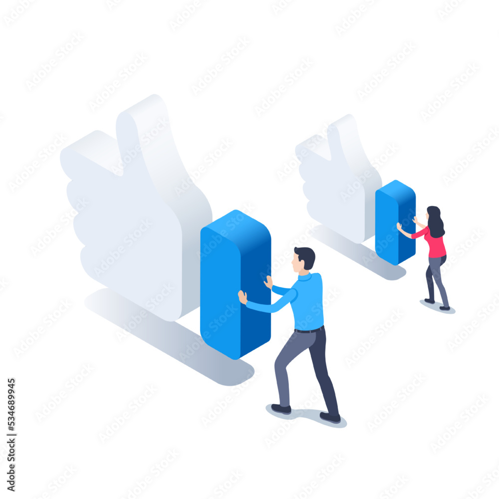 isometric vector illustration isolated on white background, man and woman push like icons, social media and marketing isometric vector illustration isolated on white background, man and woman push like icons, social media and marketing