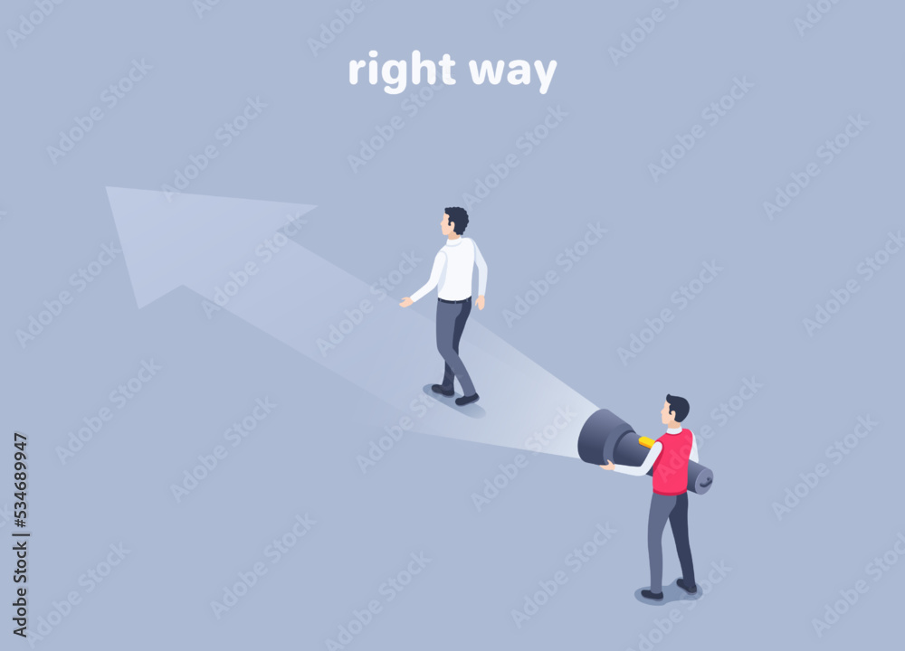isometric vector illustration on a gray background, a man illuminates the path with a flashlight to another man in business clothes following the arrow, pointing the right way