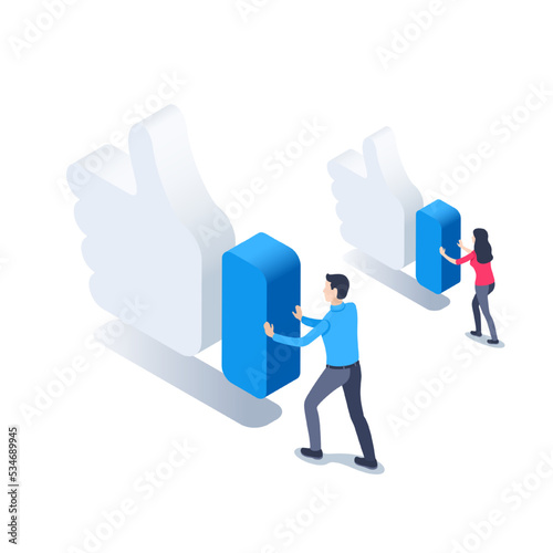 isometric vector illustration isolated on white background, man and woman push like icons, social media and marketing