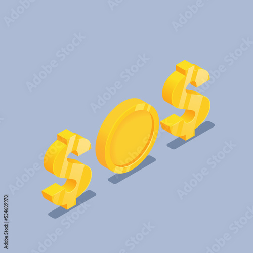 isometric vector illustration on gray background, word sos from dollar and golden coin icons, financial help