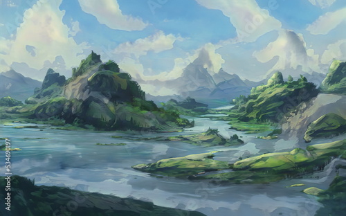 Fantastic Epic Magical Landscape of Mountains. Summer nature. Mystic Valley, tundra, forest, hills. Game assets. Celtic Medieval RPG gaming background. Rocks and grass. Lake and River