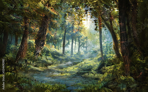 Fototapeta Naklejka Na Ścianę i Meble -  Fantastic Epic Magical Forest Landscape. Summer beautiful mystic nature. Gaming assets. Celtic Medieval RPG background. Grass and green trees.	Autumn and summer