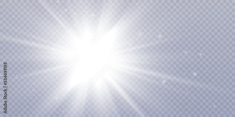 Bright white star Bright sun. light sunlight. light effect. png vector.	