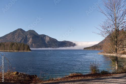 einfallender Nebel am Nordufer des bayerischen Walchensees