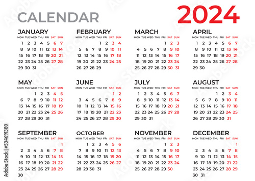 Calendar 2024 template, Planner 2024 year, Wall calendar 2024 template, Week Starts Monday, Set of 12 calendar, advertisement, printing, organization and business, stationery, simple minimal.