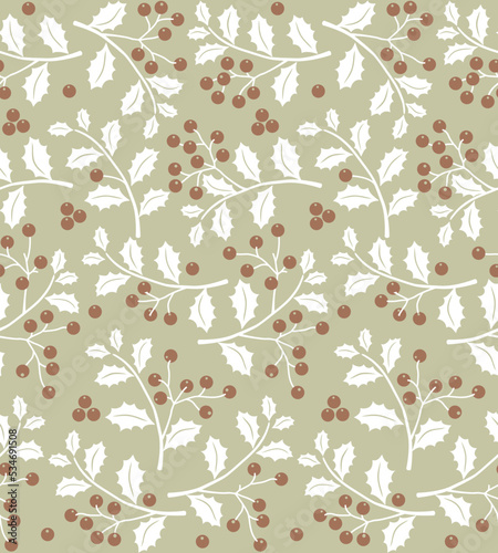 Seamless Pattern of Christmas Holly leafs and Berries - Christmas Vector Design 
