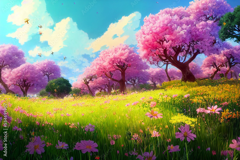 Beautiful fantasy landscape field full of spring with anime style color,  digital painting background. 3D illustration Stock Illustration | Adobe  Stock