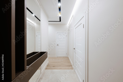 bright corridor with dark wooden furniture and a mirror