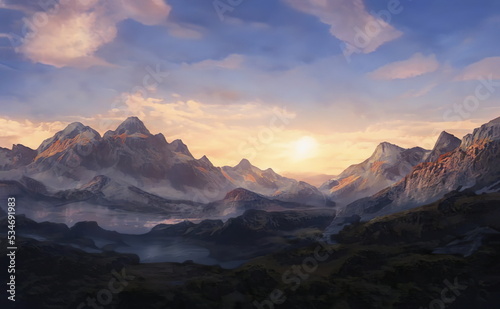 Fototapeta Naklejka Na Ścianę i Meble -  Fantastic Epic Magical Landscape of Mountains. Summer nature. Mystic Valley, tundra, forest, hills. Game assets. Celtic Medieval RPG gaming background. Rocks and grass. Ruins of an old castle