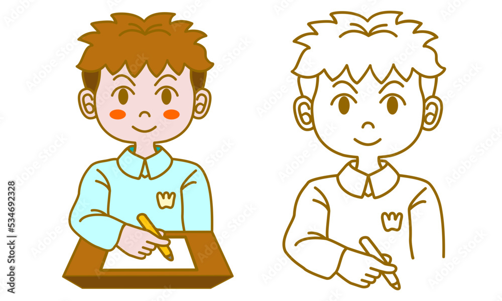 Simple vector illustration, short-haired little boy student studying hard at school writing paper notes on desk Simple vector illustration, short-haired little boy student studying hard at school writing paper notes on desk