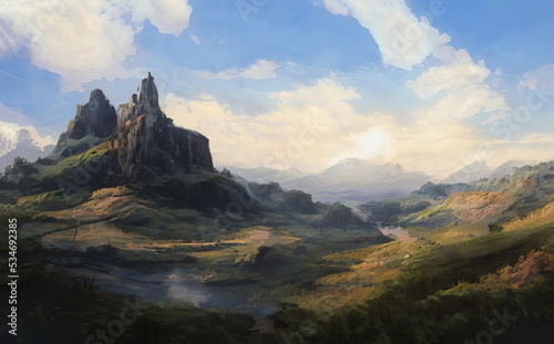 Fantastic Epic Magical Landscape of Mountains. Summer nature. Mystic Valley, tundra, forest, hills. Game assets. Celtic Medieval RPG gaming background. Rocks and grass. Ruins of an old castle © Abstract51