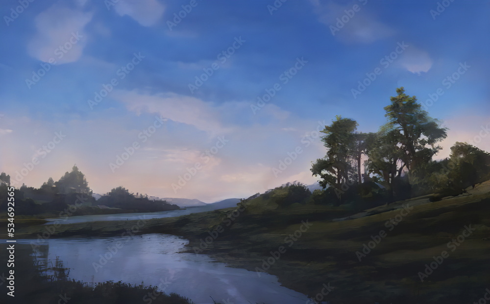 Fantastic Epic Magical Landscape of Mountains. Summer nature. Mystic Valley, tundra, forest, hills. Game assets. Celtic Medieval RPG gaming background. Rocks and grass. Lake and River