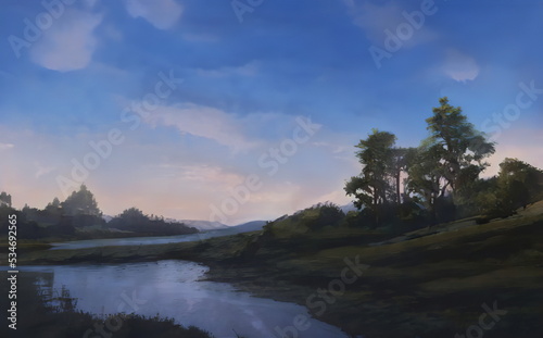 Fantastic Epic Magical Landscape of Mountains. Summer nature. Mystic Valley  tundra  forest  hills. Game assets. Celtic Medieval RPG gaming background. Rocks and grass. Lake and River