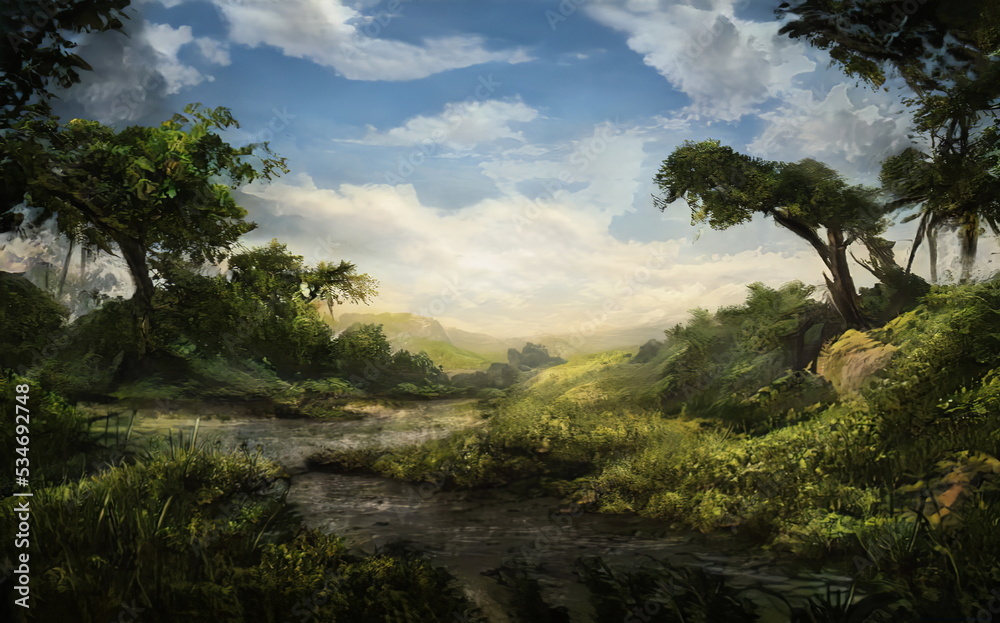 Fantastic Epic Magical Forest Landscape. Summer beautiful mystic nature. Gaming assets. Celtic Medieval RPG background. Grass and green trees. Autumn and summer