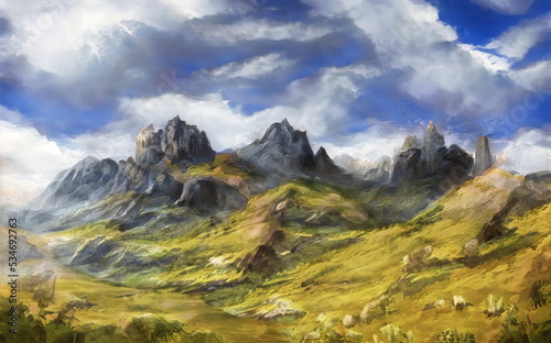 Fantastic Epic Magical Landscape of Mountains. Summer nature. Mystic Valley  tundra  forest  hills. Game assets. Celtic Medieval RPG gaming background. Rocks and grass. Ruins of an old castle