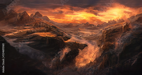 Fantastic Epic Magical Landscape of Mountains. Summer nature. Mystic Valley  tundra  forest  hills. Game assets. Celtic Medieval RPG gaming background. Rocks and grass. Sunrise and sunset