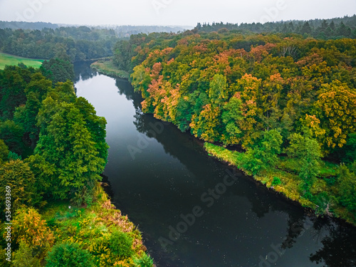 Autumn forest and dark river. Aerial view of wildlife.