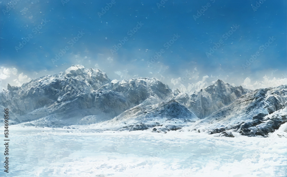 Fantastic Winter Epic Landscape of Mountains. Celtic Medieval forest. Frozen nature. Glacier in the mountains. Mystic Valley. Artwork sketch. Gaming RPG background.	Game asset. Book cover and poster
