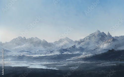 Fantastic Winter Epic Landscape of Mountains. Celtic Medieval forest. Frozen nature. Glacier in the mountains. Mystic Valley. Artwork sketch. Gaming RPG background. Game asset. Book cover and poster