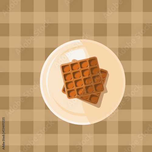 Belgian classic waffles in saucer on the brown checkered surface. Vector illustration