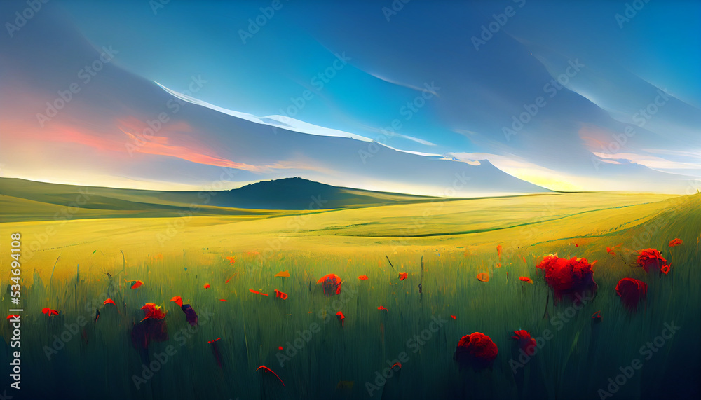 A fantasy landscape with mountain, flower field, and blue sky background in painting style. 3D illustration