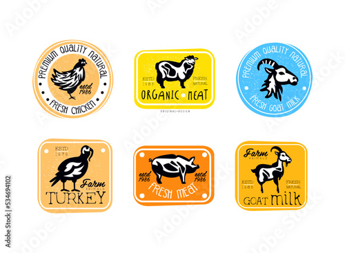 Organic meat labels set. Premium quality organic food stickers and badges vector illustration
