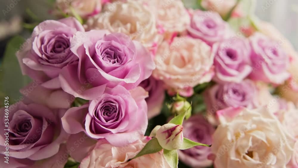 Bouquet of beautiful natural flowers with copyspace. Magnificent bouquet of roses. Close-up in 4K, UHD Bouquet of beautiful natural flowers with copyspace. Magnificent bouquet of roses. Close-up in 4K, UHD