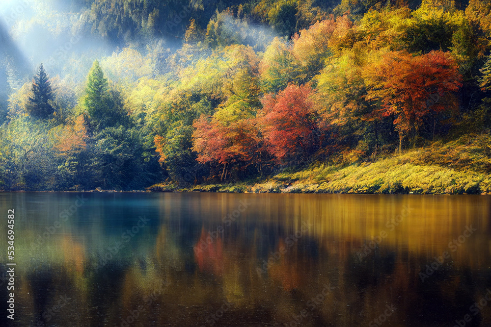 Autumn peaceful forest with mountain and lake, digital art painting style background. 3D illustration Autumn peaceful forest with mountain and lake, digital art painting style background. 3D illustration