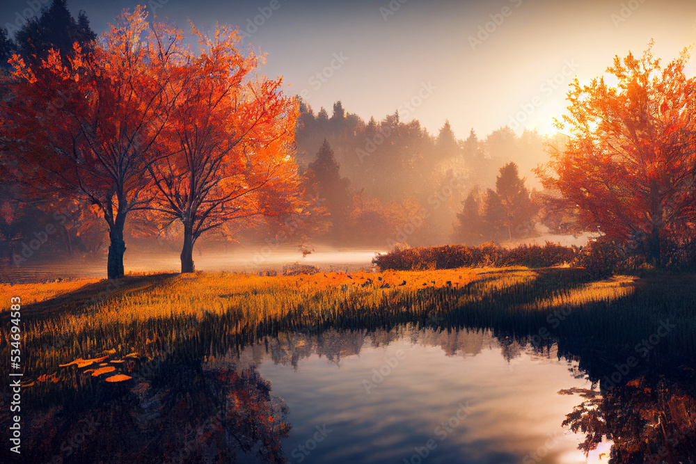 Autumn peaceful forest with mountain and lake, digital art painting style background. 3D illustration Autumn peaceful forest with mountain and lake, digital art painting style background. 3D illustration