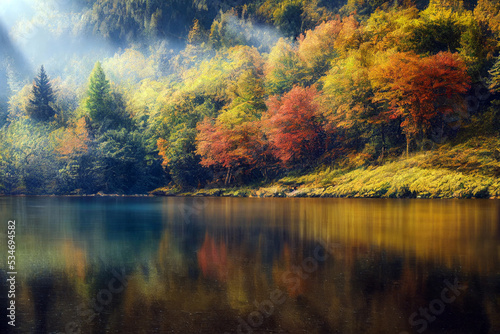 Autumn peaceful forest with mountain and lake, digital art painting style background. 3D illustration