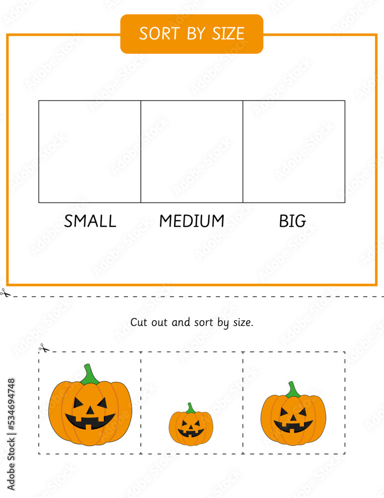 Sort the Halloween pumpkins by size worksheet for preschool and