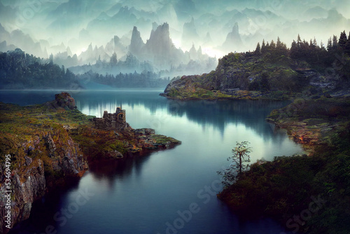 Beautiful view of mountain and river with dramatic sky background. 3D illustration