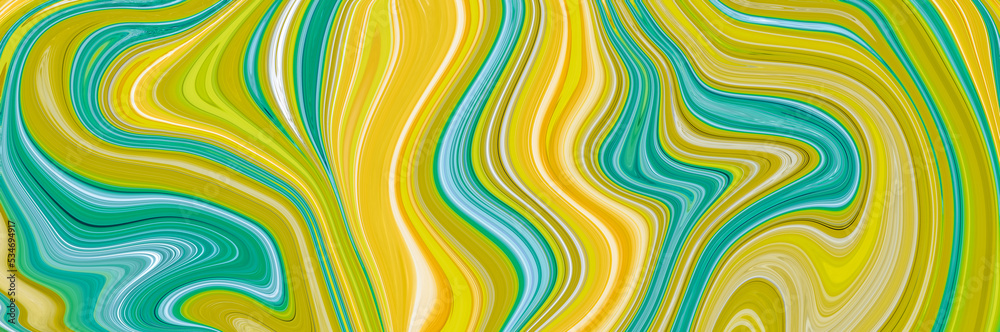 Multicolor digital abstract background, curved shapes. Bright yellow and blue painted texture. Wide banner, creative fun design. Modern panoramic backdrop, liquid paint effect. Art decoration, drawing