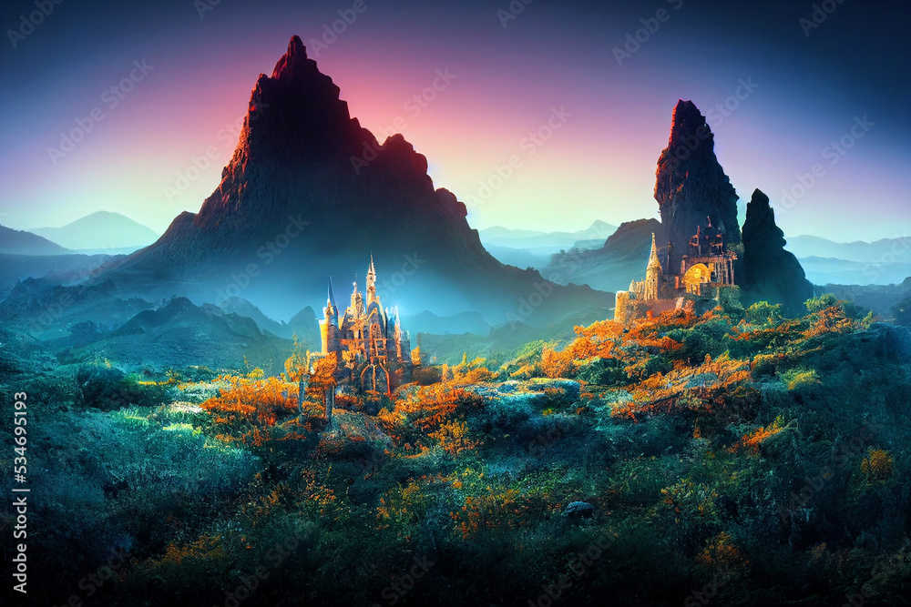 Fantasy castles on the spring mountain with rainbow background. 3D rendering