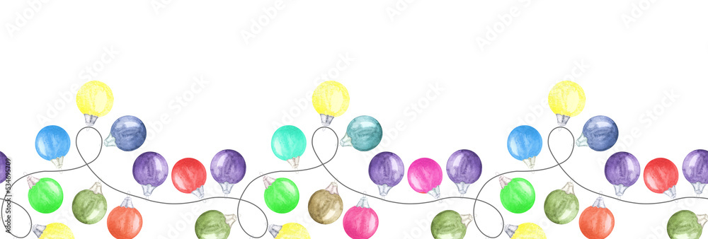 Hand drawn banner with garland of lot multicolored christmas tree balls for decoration x-mas and new year cards; invitations; web design. Aquarelle on white background.