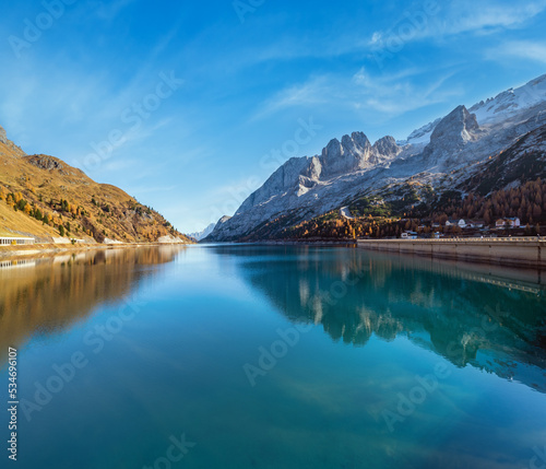 Autumn alpine mountain Lake and Pass  Trentino  Dolomites Alps  Italy.