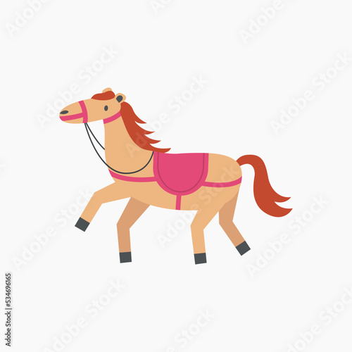 Horse in standing pose. Cute pony in harness, saddle. Puffy character in motion for kids. Child ponytailed farm animal . Horseback riding, hippodrome racing, equestrian sport.