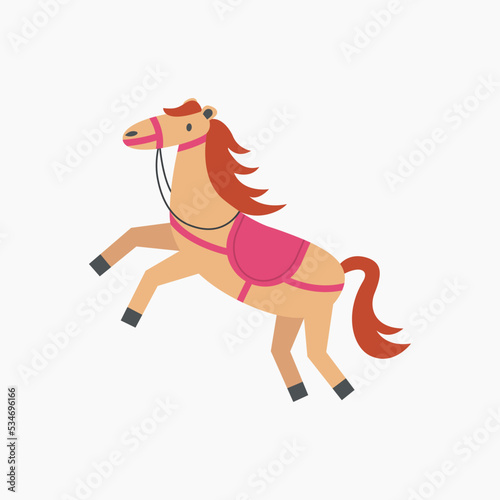 Horse in standing pose. Cute pony in harness, saddle. Puffy character in motion for kids. Child ponytailed farm animal . Horseback riding, hippodrome racing, equestrian sport.
